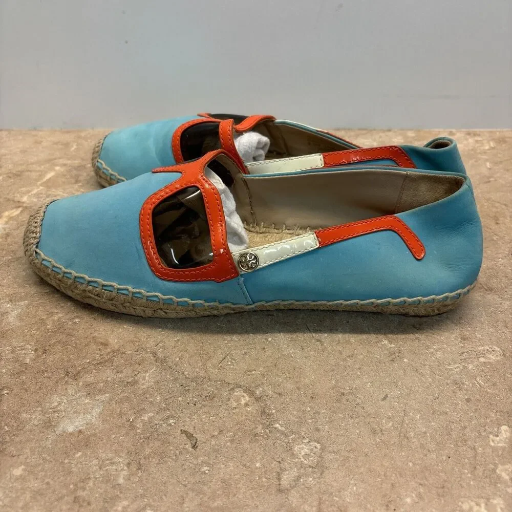 Tory Burch Sunglasses Leather Espadrille Shoes Women 8.5 Logo Leather Aqua
